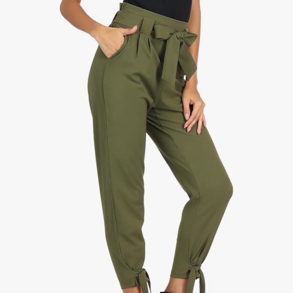 💙 Grace Karin Olive Green Tie-Waist Paper Bag Cropped Pants
